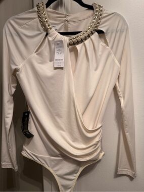 bebe Cream Long-Sleeve Chain-Detail Draped Bodysuit